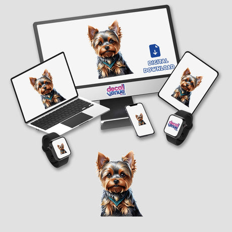 Adorable Yorkie dog portrait displayed on various digital devices including a laptop, tablet, and smartwatch from Decal Venue, an online store offering unique stickers and digital art.