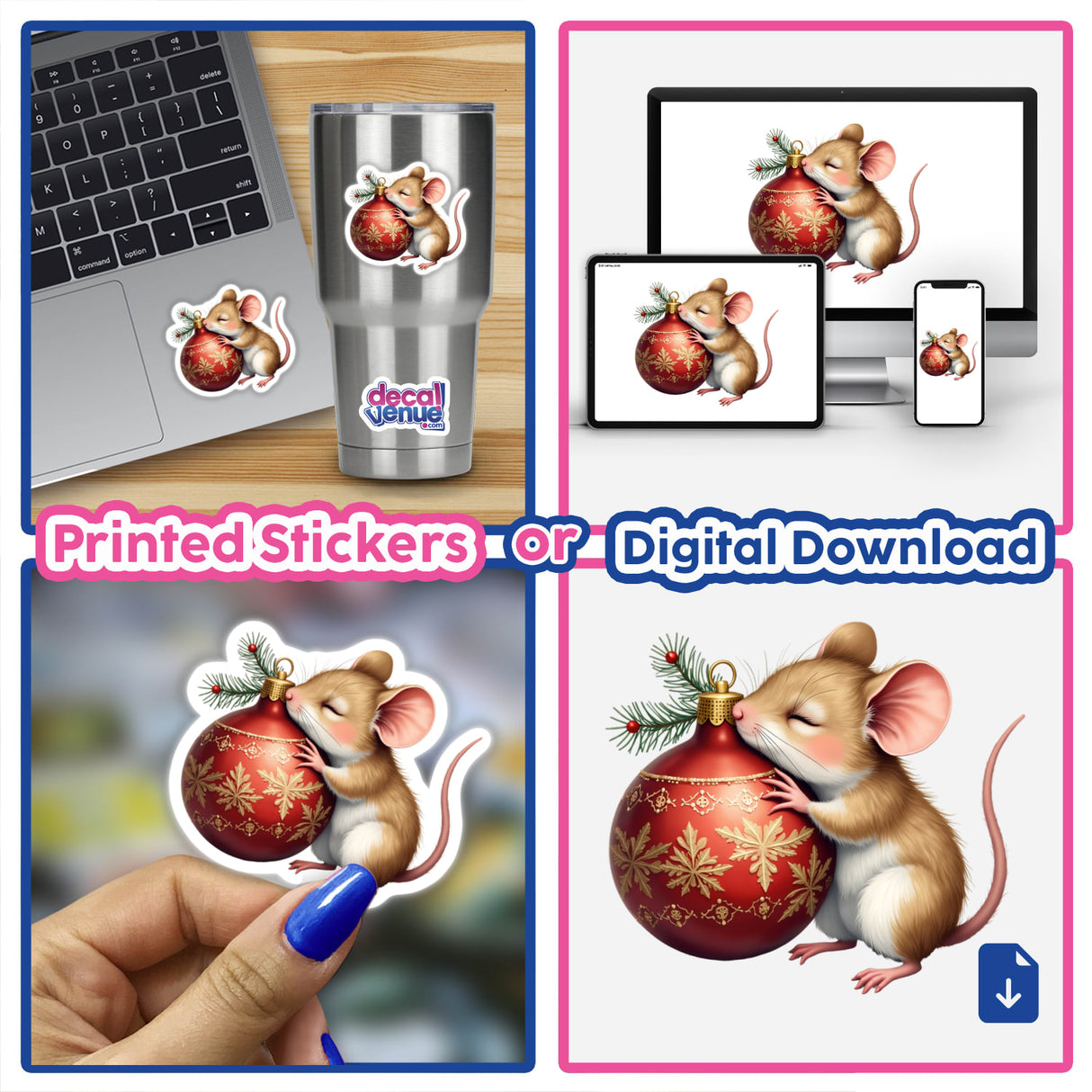 Mouse Sleeping on Christmas Ornament, depicted as a charming sticker or digital artwork, featuring a mouse embracing a red ornament. A whimsical addition to Decal Venue's unique sticker and digital art collection.