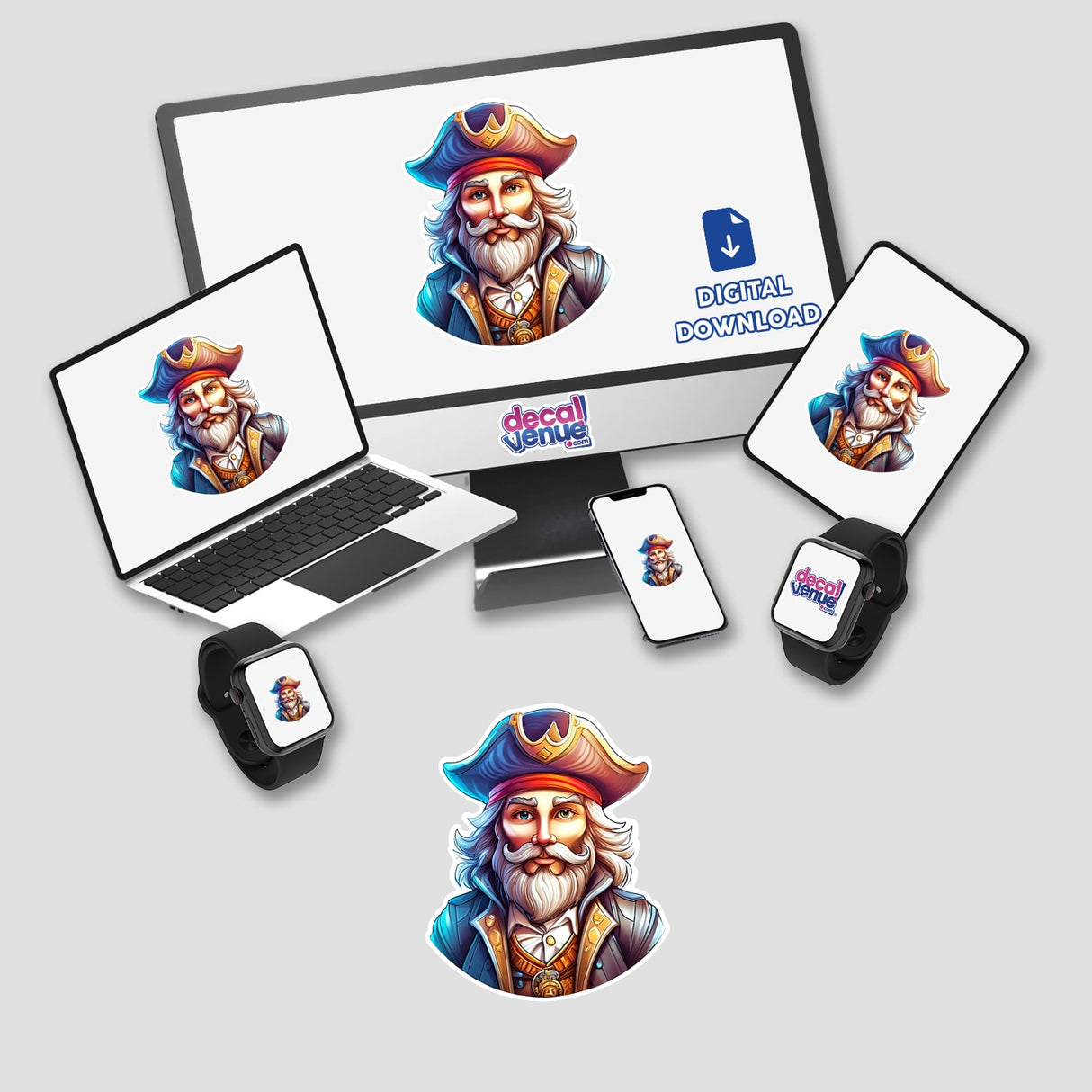 Colorful pirate illustration in digital artwork format, featuring a bearded man wearing a pirate hat and uniform on various digital devices including a computer, laptops, smartphones, and smartwatch.