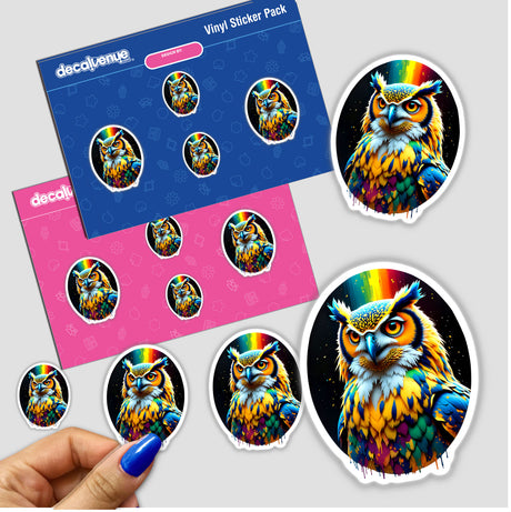 A hand holds a sticker of A Cool And Colorful Owl, showcasing a vibrant owl design. Available as part of Decal Venue's unique stickers and digital art collection.