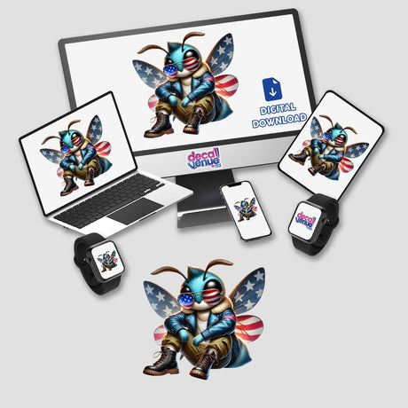 Computer monitor and laptop displaying a cartoon bee in aviator sunglasses, aligned with the product Patriotic Leather Moth Aviator Sunglasses, available as stickers or digital artwork from Decal Venue.