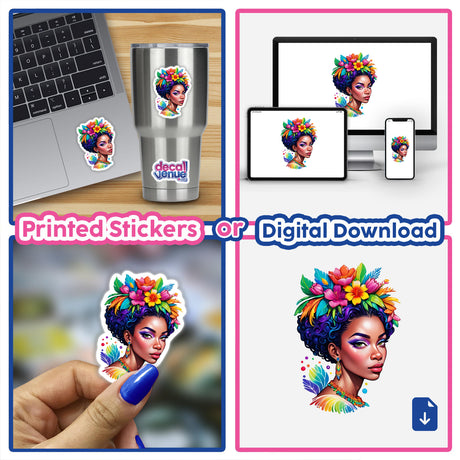 Regal African Queen Flower Crown Sticker featuring a woman with colorful hair and flowers, showcased on a laptop and held by a hand with blue-painted nails.