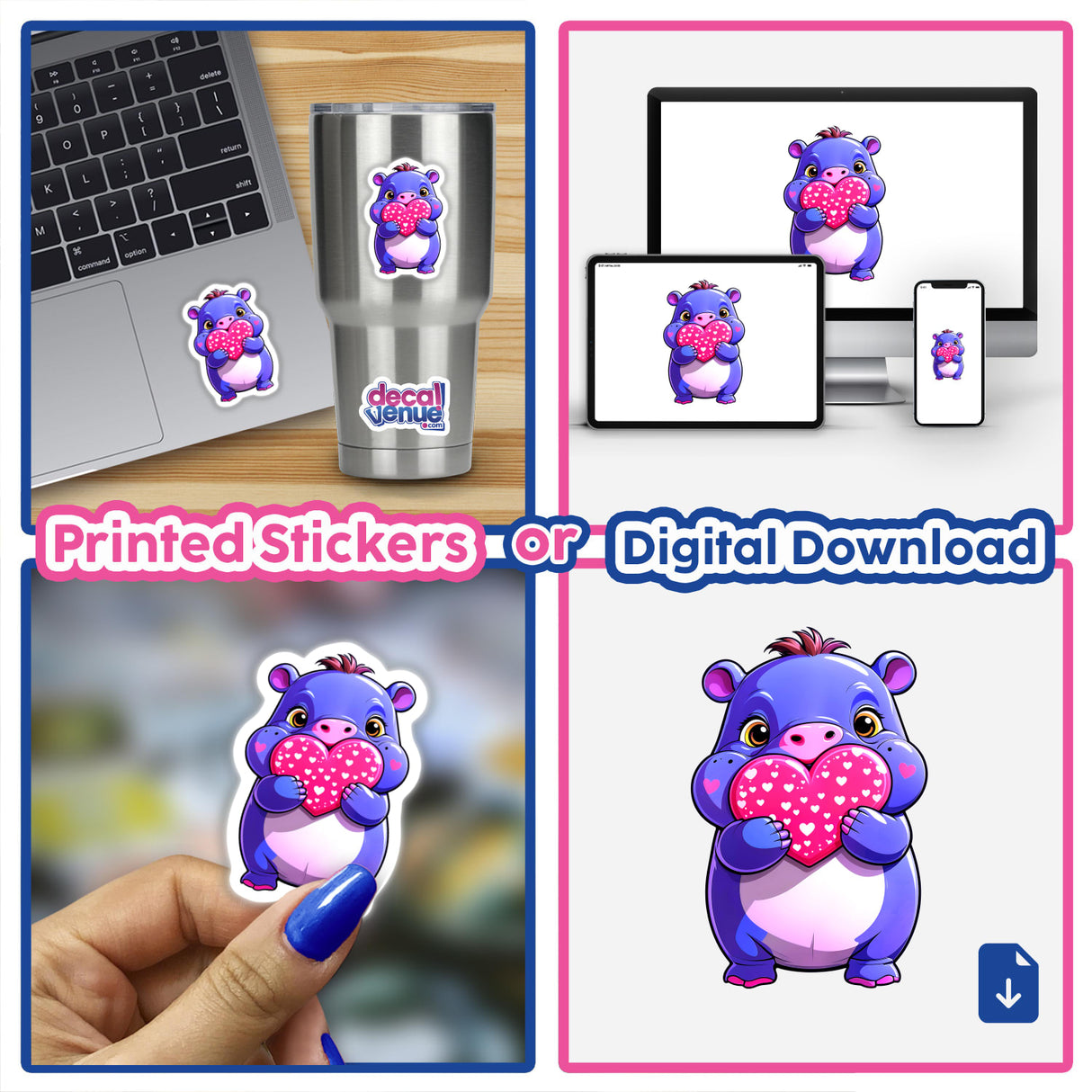 Collage featuring A Cute Pygmy Hippo With Love Hearts sticker on a laptop, emphasizing the charming cartoon hippo design available as a sticker or digital artwork.