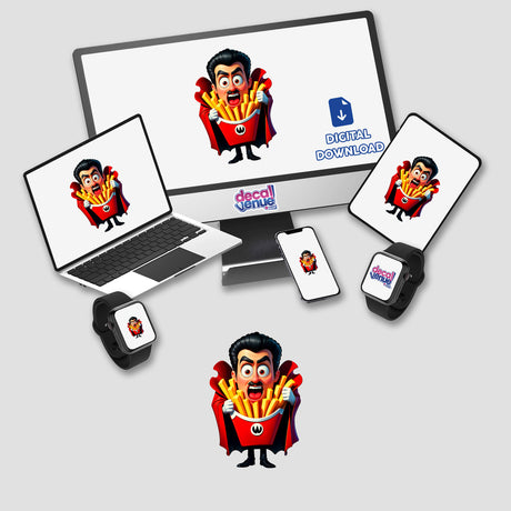 Funny Dracula French Fries stickers or digital art featuring cartoon characters displayed on a computer monitor, laptop, tablet, and smartphone, showcasing the whimsical design offered by Decal Venue.