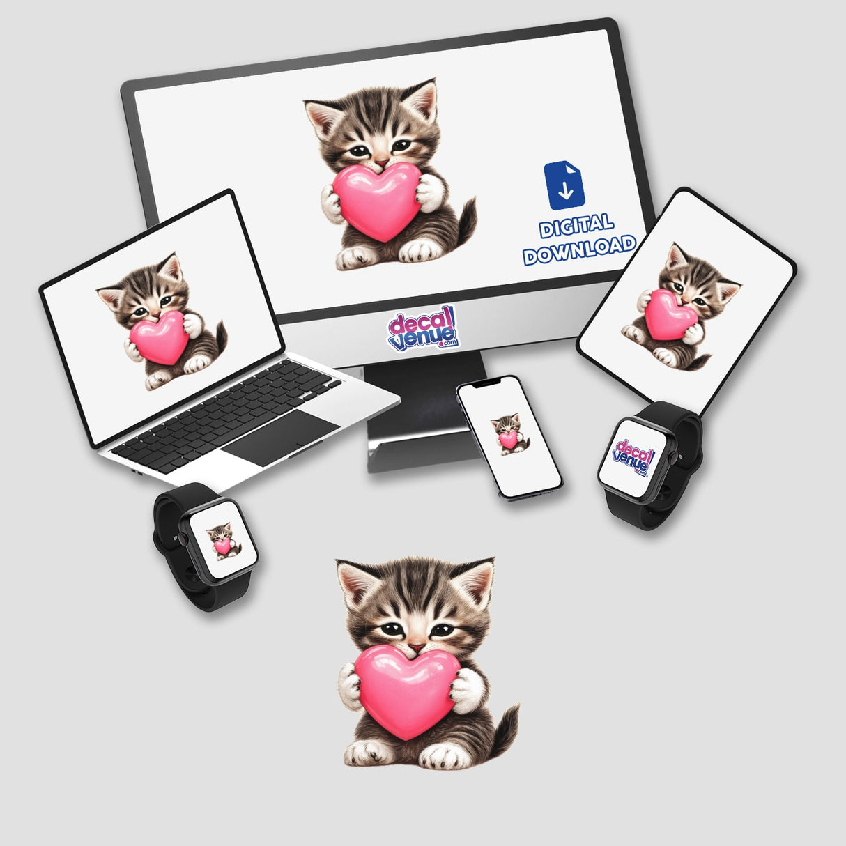 Tabby Kitten Holding Pink Heart depicted on various devices, showcasing its versatility as stickers or digital artwork from Decal Venue, specializing in unique vinyl stickers and digital art.