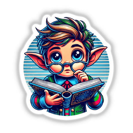 Cartoon of an elf in reading glasses holding a book, available as stickers or digital artwork from Decal Venue.