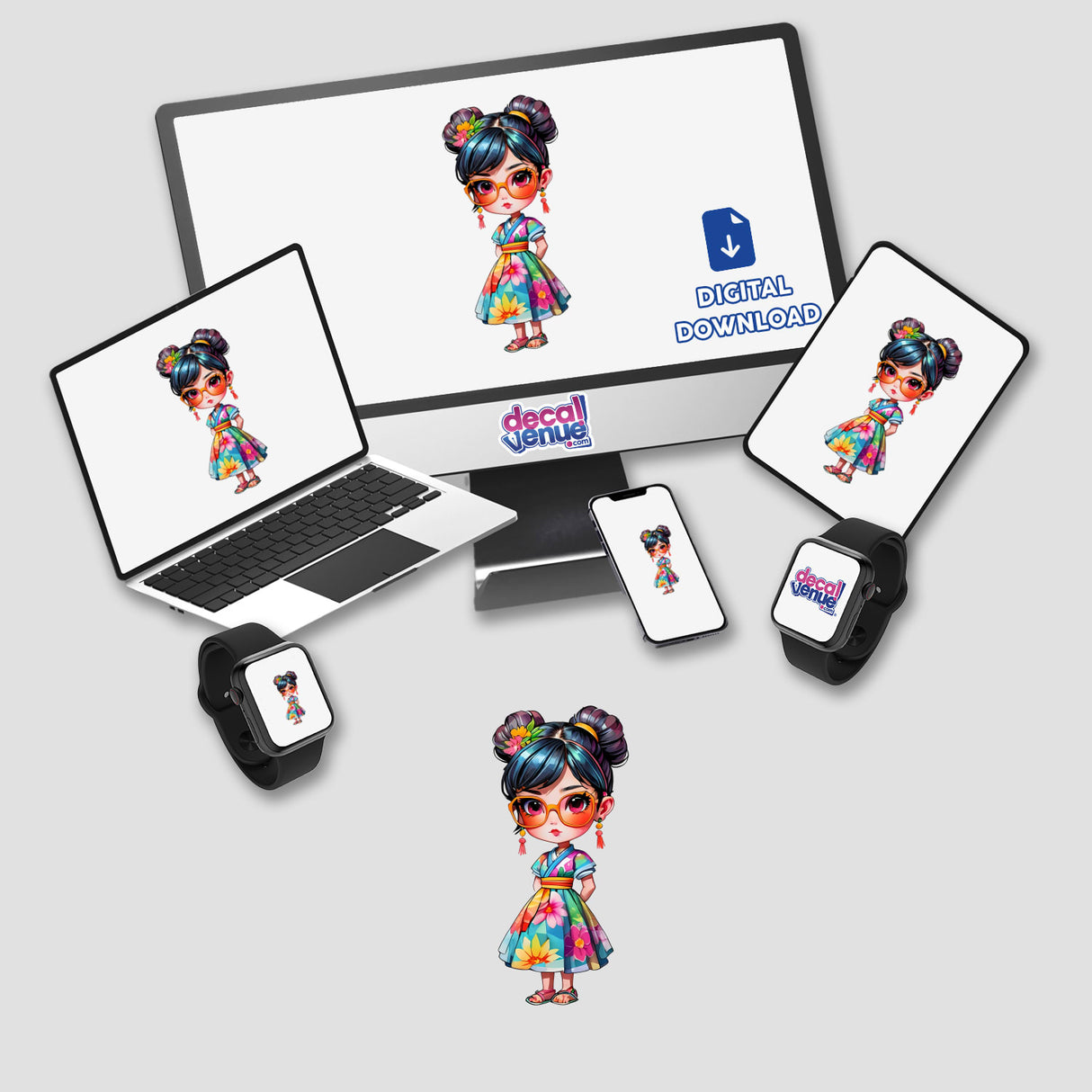 Cute Japanese Girl Sticker - Kawaii Glasses and Kimono shown on digital screens including a laptop, monitor, and tablet, highlighting the sticker's playful cartoon design.