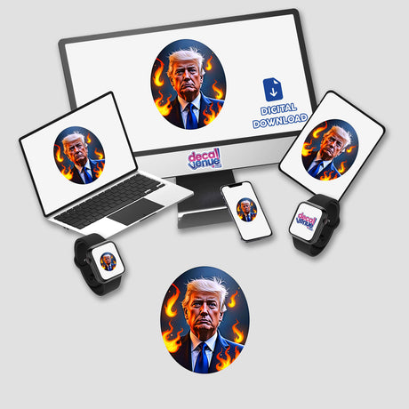 President Donald Trump digital artwork showing a man in a suit with flames around his face, available as stickers or digital art.