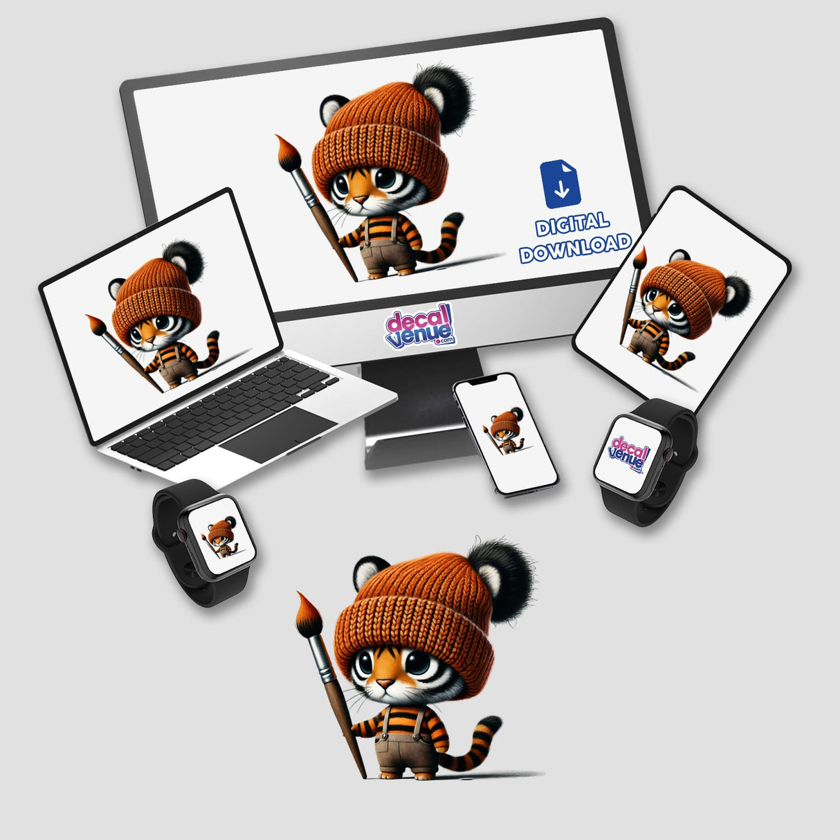 Tiger Gnome with Paintbrush depicted on a computer screen, suitable as stickers or digital artwork.