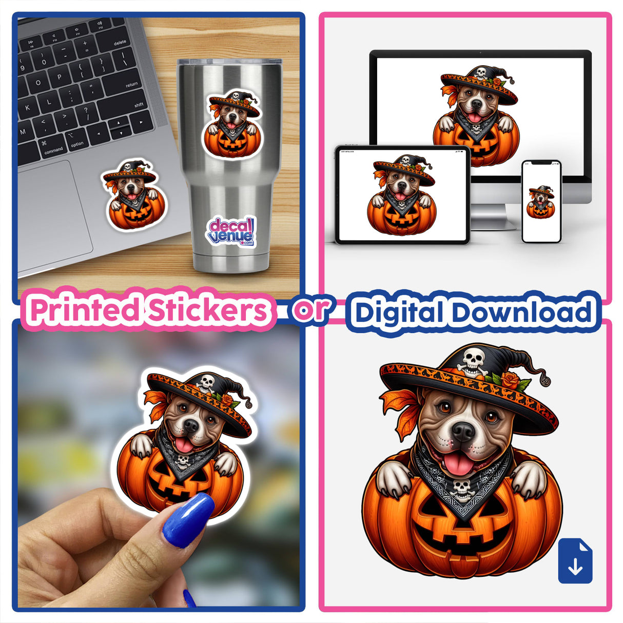 Sticker of Pitbull Pirate Dog in a Pumpkin, featuring a dog with a hat and scarf, perfect for laptops or tumblers, from Decal Venue's unique stickers and digital art collection.