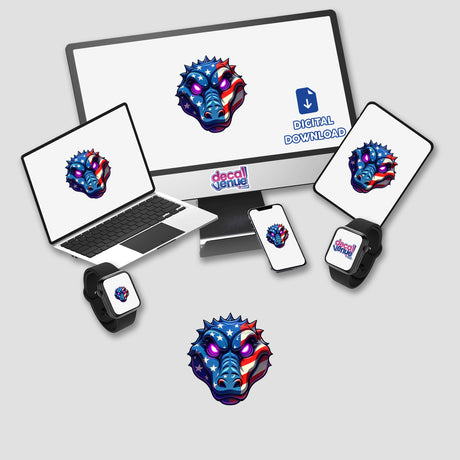 A Cool American Flag Alligator displayed on a computer monitor and a laptop, showcasing unique digital artwork available as stickers, capturing the essence of Decal Venue's creative range.