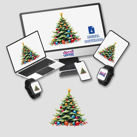 Watercolor Christmas Tree with Ornaments displayed on a computer monitor and laptop screen, available as stickers or digital artwork from Decal Venue.