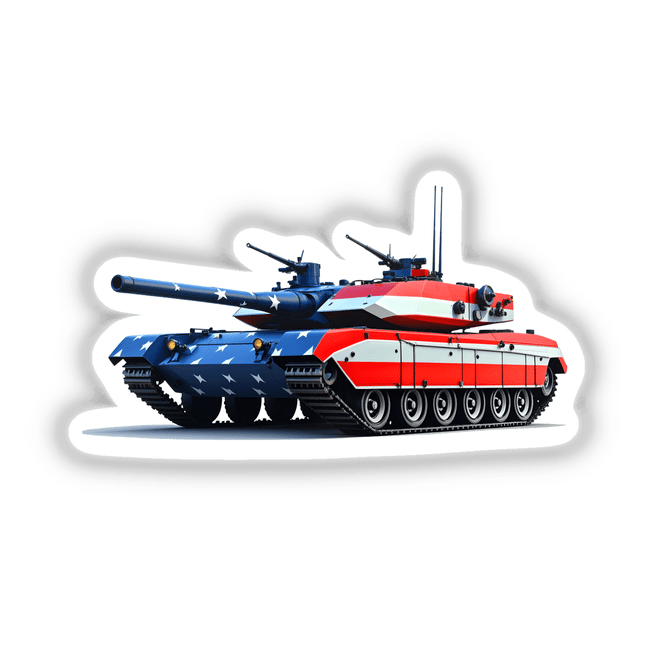 A Cool American Flag Army Tank sticker or digital artwork, featuring a tank with stars and stripes, embodying a patriotic theme. Perfect for military enthusiasts and patriotic decor.