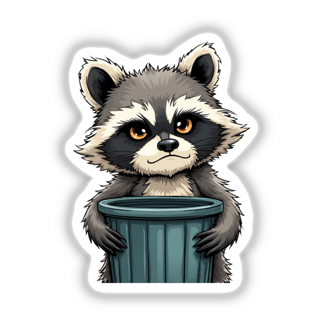 Adorable Cartoon Raccoon Holding Trash Can: A cute, illustrated raccoon clutching a trash can, available as stickers or digital artwork. Perfect for fans of whimsical animal designs.