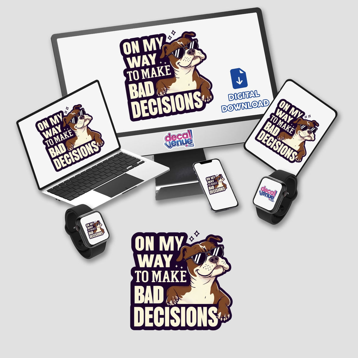 On My Way to Make Bad Decisions Pitbull sticker featuring a cartoon pitbull wearing sunglasses, displayed on a laptop screen. Available as stickers or digital artwork.