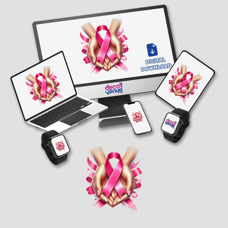 Pink Ribbon and Hands Breast Cancer Awareness stickers or digital artwork featuring a computer monitor, laptop, and phone displaying pink ribbon images, emphasizing support and awareness.