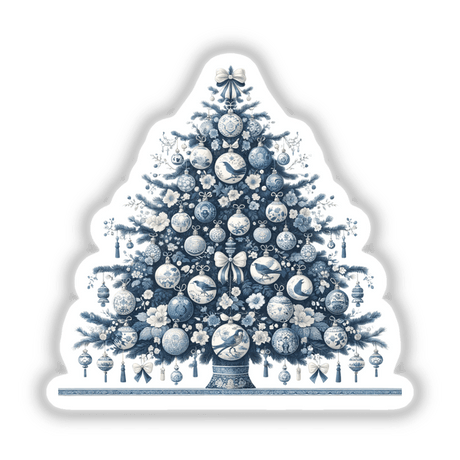 Chinoiserie Christmas Tree design featuring intricate blue and white ornaments, including a bird motif, available as unique stickers or digital artwork from Decal Venue.