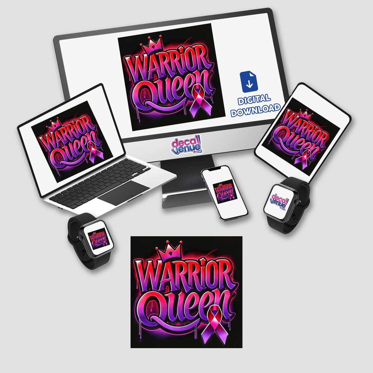 Gold Breast Cancer Series 6: Digital artwork featuring a computer monitor, laptop, tablet, phone, and smartwatch displaying the series' logo, highlighting unique, tech-themed designs available as stickers or digital art.