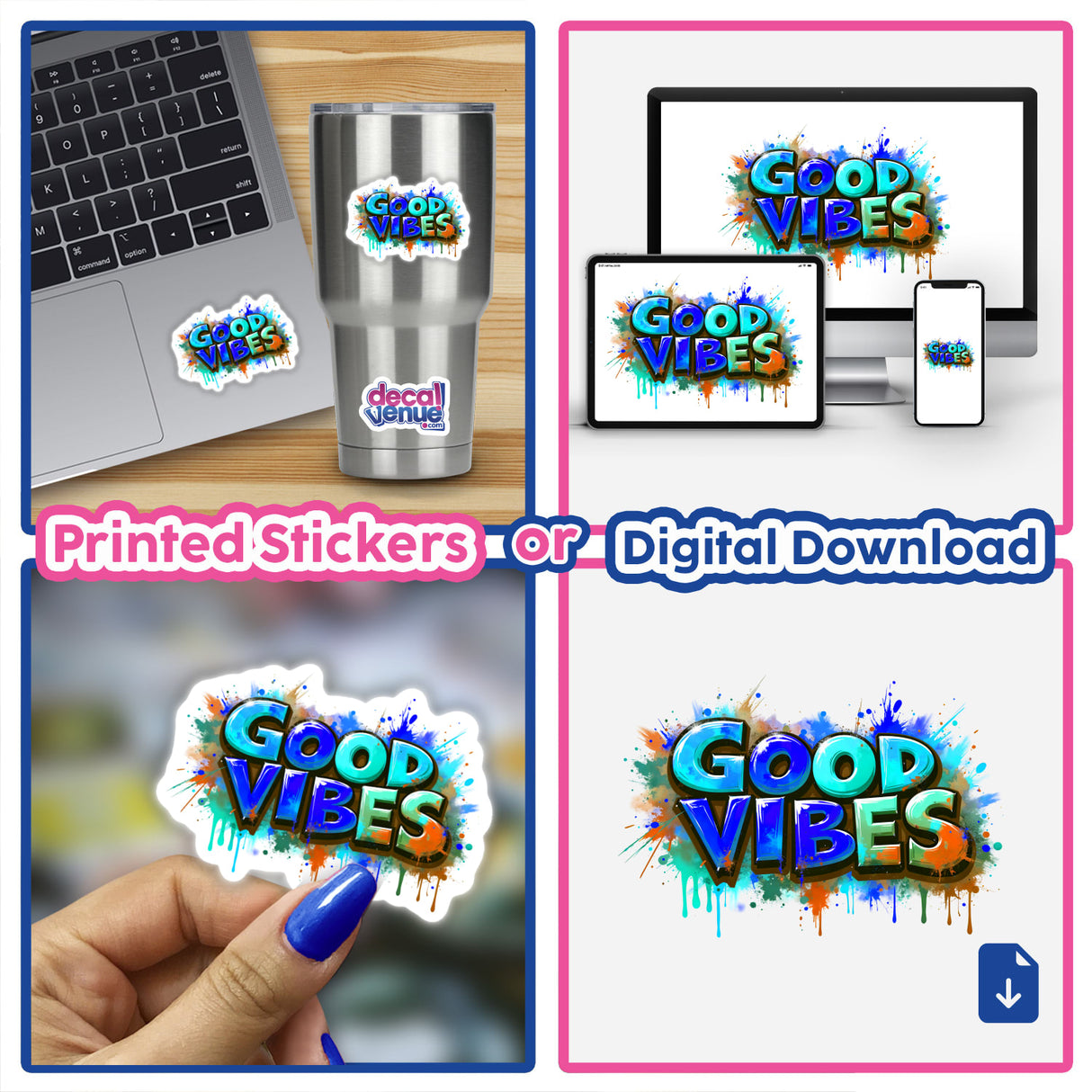 Good Vibes Graffiti Art collage featuring stickers and digital downloads, displayed with a laptop keyboard and vibrant paint splatter elements, representing Decal Venue's unique art style.