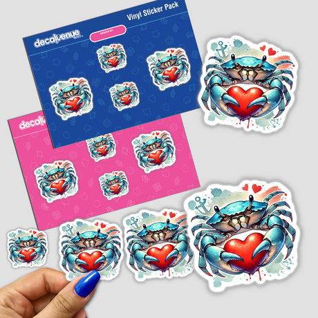 Watercolor Blue Crab Embracing Heartpng features a cartoon blue crab holding a heart, available as stickers or digital artwork. Ideal for fans of unique vinyl stickers and digital art.