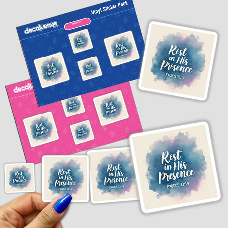 Hand holding the Rest in His Presence – Exodus 33:14 Christian sticker pack or clipart, available with commercial rights. The design is suitable for both physical and digital use.