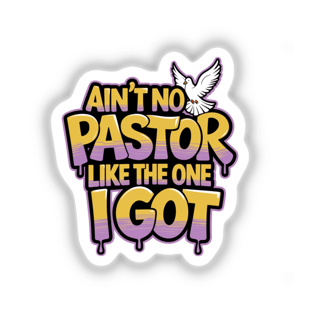 Christian phrase sticker featuring a white dove and bold yellow and purple text. Available as vinyl stickers or digital artwork, reflecting Decal Venue's unique design aesthetic.