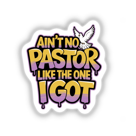 Christian phrase sticker featuring a white dove and bold yellow and purple text. Available as vinyl stickers or digital artwork, reflecting Decal Venue's unique design aesthetic.