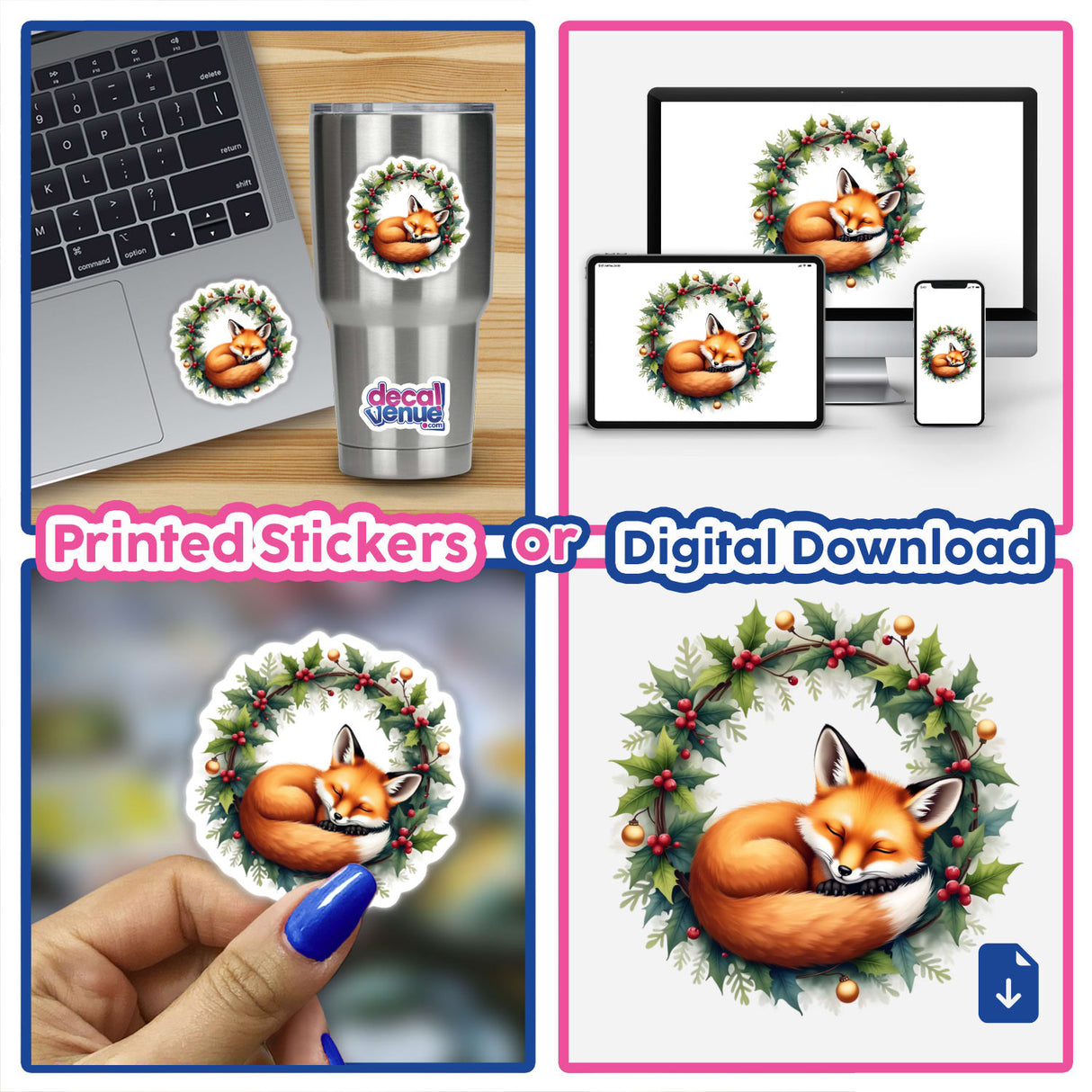 Sleeping Fox in a Christmas Wreath design featured on a laptop sticker, showcasing a cartoon fox nestled in a festive wreath, available as a sticker or digital artwork from Decal Venue.