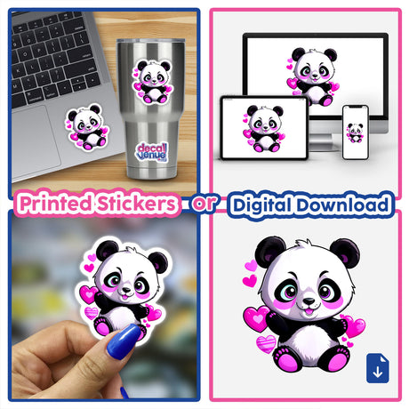 Collage featuring A Cute Panda Bear With Love Hearts stickers and digital art, including a hand holding a panda sticker and a laptop adorned with a panda decal.