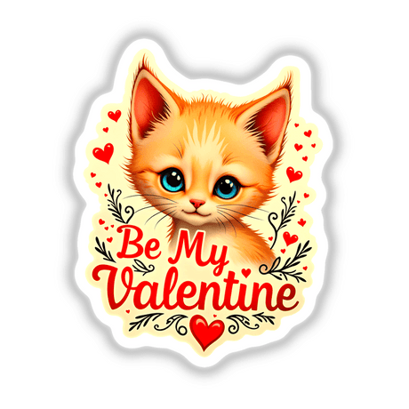 Be My Valentine Valentine's Day Kitten sticker features a cartoon cat with blue eyes and hearts, perfect for expressing affection. Available as stickers or digital artwork from Decal Venue.