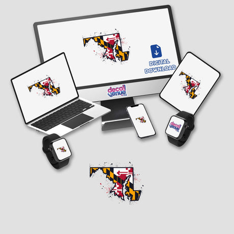 State Outline Maryland Flag III depicted as a digital artwork featuring a laptop screen with Maryland's flag design, available as unique stickers or digital art from Decal Venue.