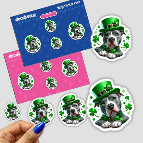 Sitting Pretty Irish Clovers Pitbull Leprechaun stickers feature a cartoon dog in a green hat with clovers. Available as stickers or digital artwork from Decal Venue.