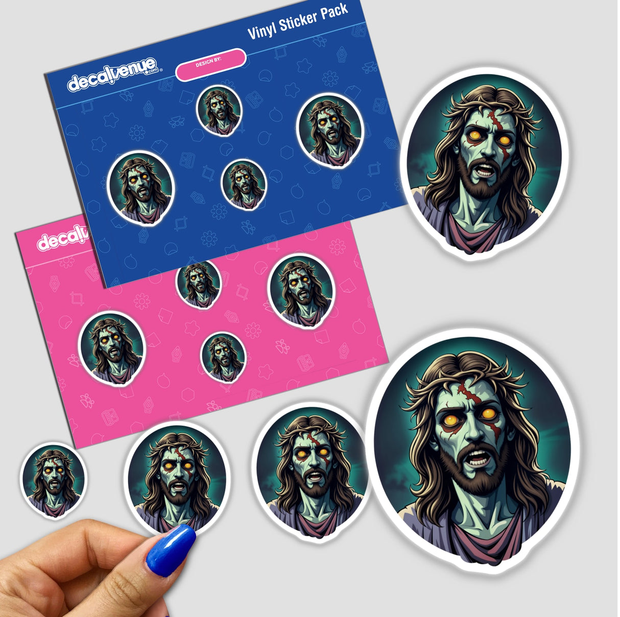 Stickers featuring Jesus Christ As A Zombie, showcasing a cartoon of a bearded man with zombie features, available as unique vinyl stickers or digital artwork.