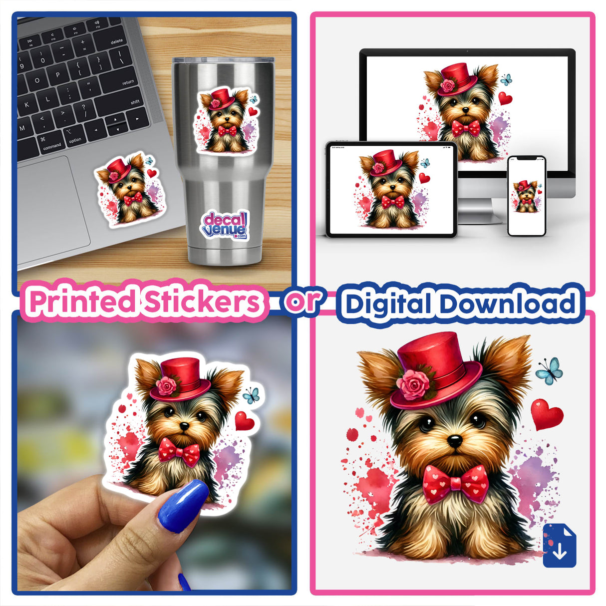 Collage featuring a Watercolor Valentine Yorkie Dog wearing a hat and bow tie, displayed as a sticker on a laptop and a cup. Available as stickers or digital artwork.