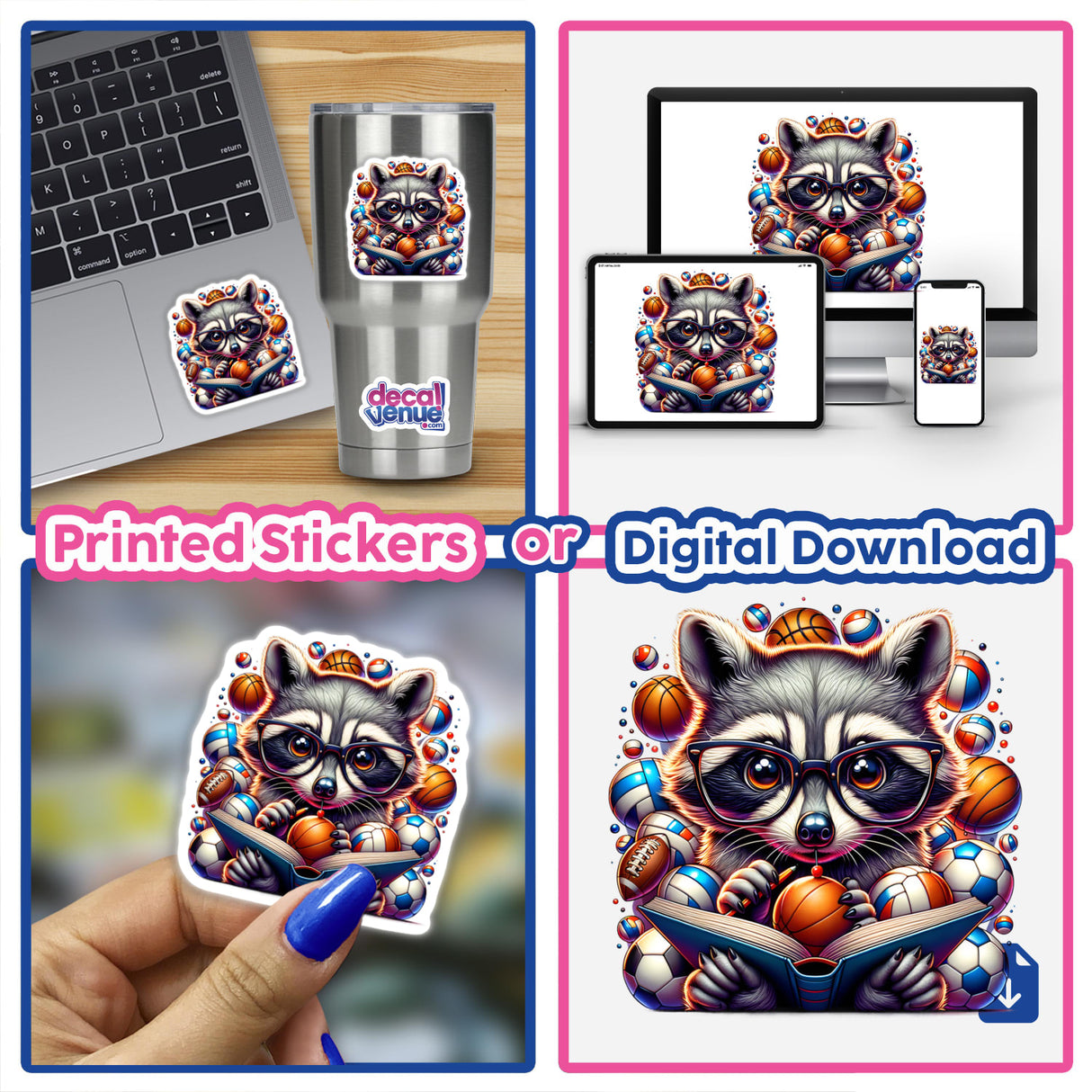 Cute Raccoon Reading a Book with Glasses and Sports Balls sticker, ideal for laptops or water bottles, showcasing a whimsical raccoon with glasses, book, and colorful sports balls.