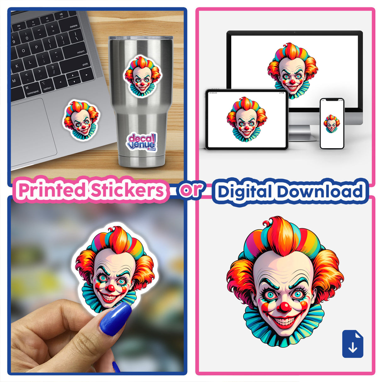 A collage showcasing A Crazy Clown Girl sticker featuring a cartoon clown face with red hair and a blue ruffled collar, displayed on various surfaces like laptops and cups. Available as stickers or digital artwork.