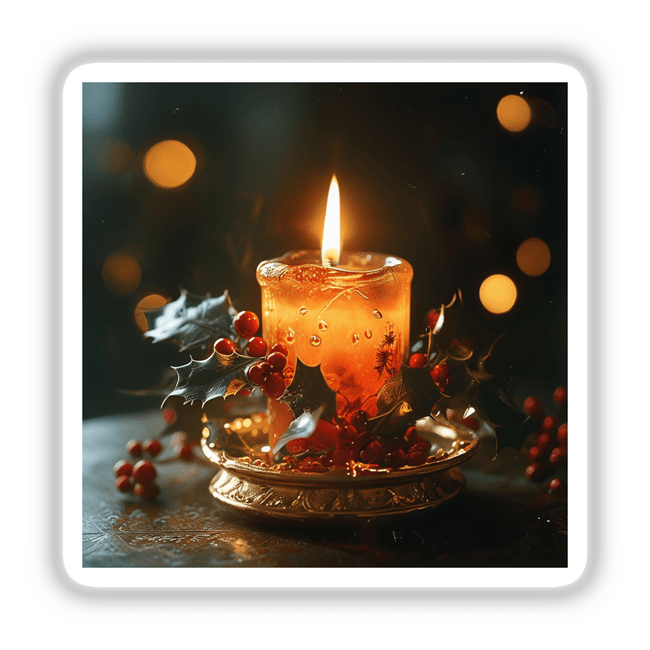 Holiday Candle Envelope Seal Stickers featuring a lit candle surrounded by holly berries, designed to elegantly enhance holiday cards and gifts.