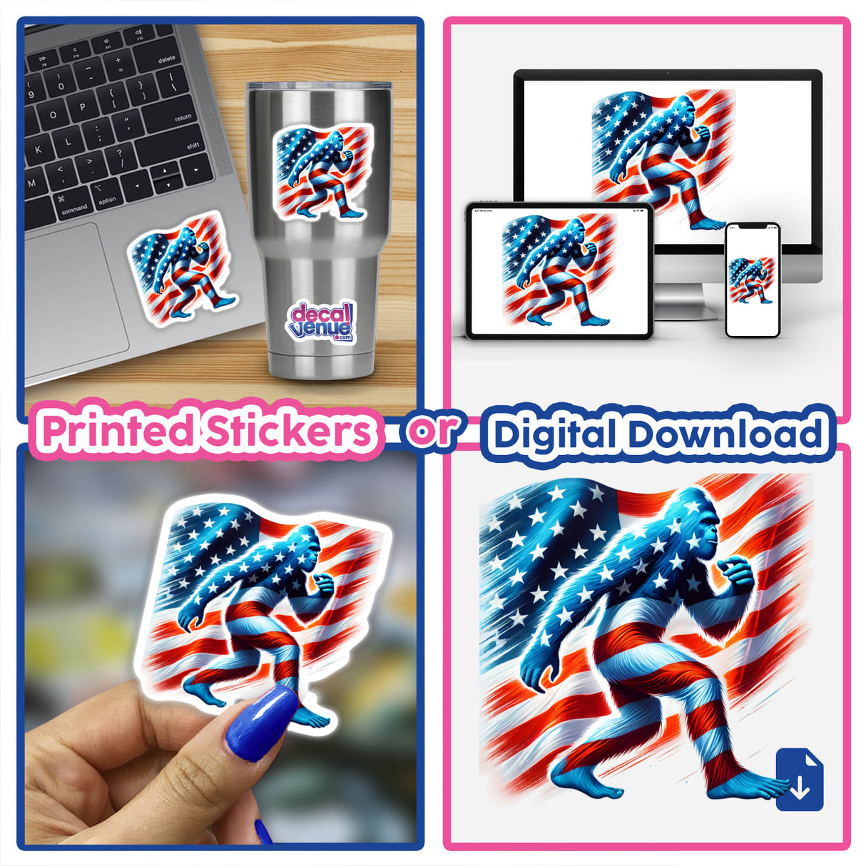 American flag-inspired Bigfoot stickers and digital artwork, featuring the iconic Sasquatch in patriotic designs. Available as printed decals or digital downloads to express your love for cryptid and country.