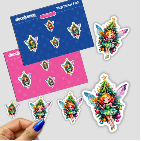 Sticker Design: Enchanting Christmas Tree Fairy with Festive Sparkles, featuring cartoon fairies with Christmas trees and festive decorations, available as stickers or digital artwork.