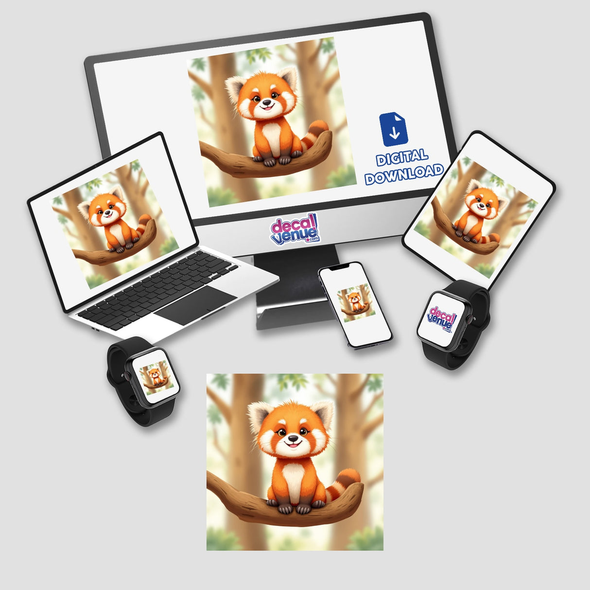 Adorable Red Panda Sitting on a Tree Branch in a Forest displayed on a computer monitor and laptop, showcasing digital artwork available as stickers or digital downloads from Decal Venue.