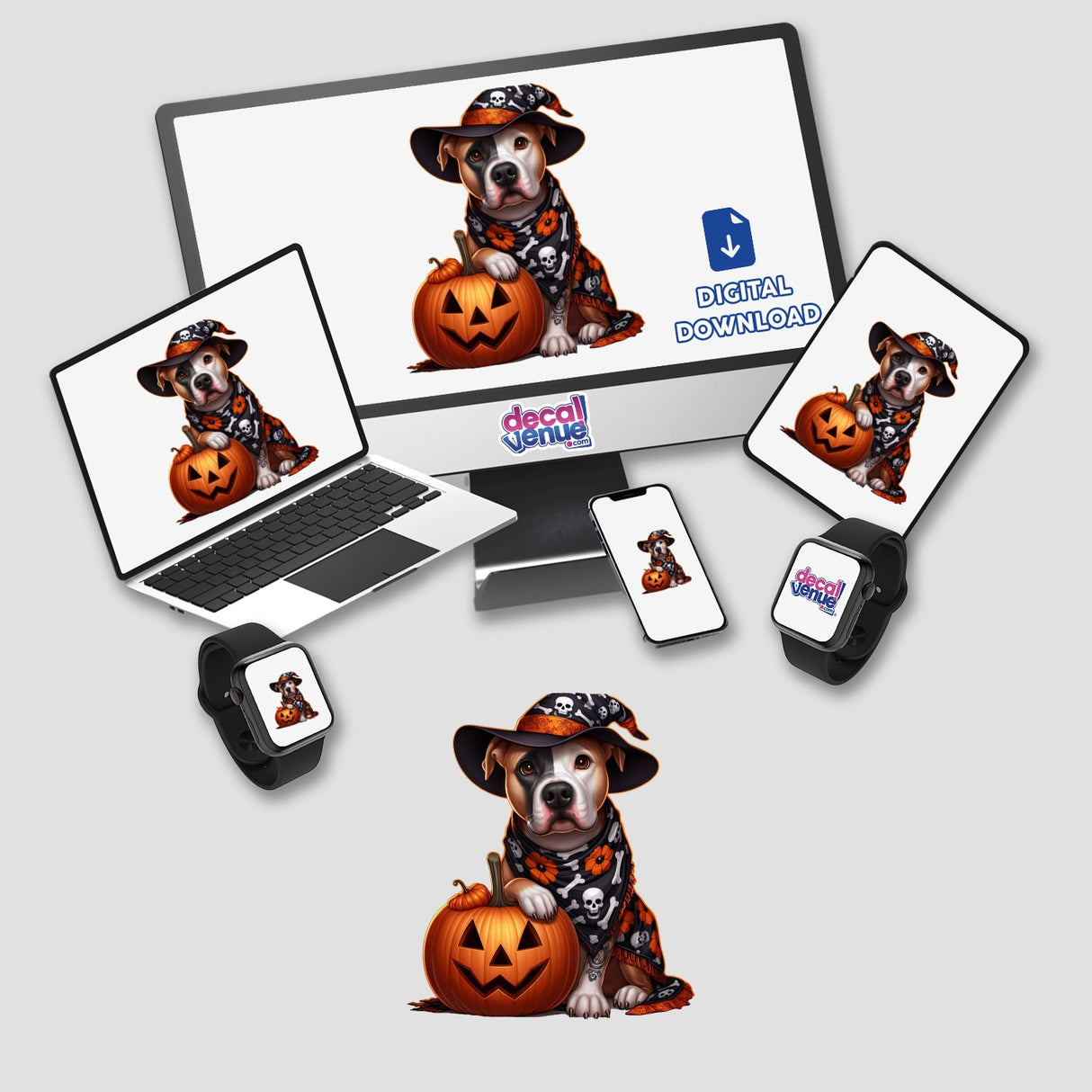 Halloween Pitbull Dog Skull Scarf and Witch Hat featured on computer and laptop screens, available as stickers or digital artwork.