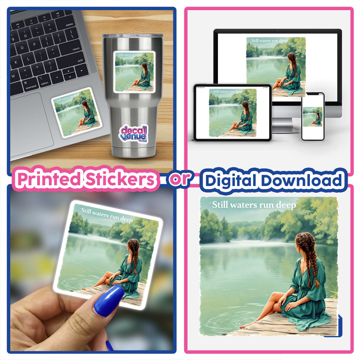 Collage featuring Woman on a Wooden Pier by a Lake – Still waters run deep, showcasing a serene scene of a woman seated by tranquil water, available as unique stickers or digital artwork.