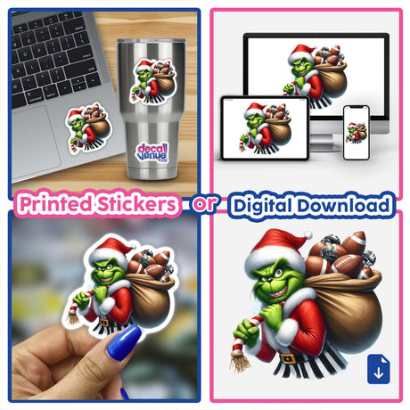 Green Grouch Santa Stole Football II decal, featuring a green cartoon character holding a sack of footballs and a candy cane, available as stickers or digital artwork.