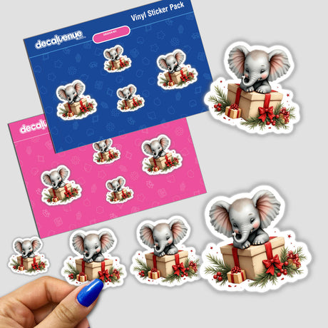 Baby Elephant in Christmas Present Box stickers featuring a cartoon baby elephant sitting on a gift box, perfect for holiday DIY projects and festive decorations. Available as stickers or digital download.