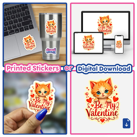 Be My Valentine Valentine's Day Kitten sticker, featuring a cartoon cat holding a heart, ideal for laptops or digital artwork. Part of Decal Venue's unique sticker collection.