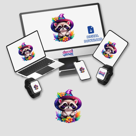 Tiny Raccoon Witch digital artwork displayed on various devices, including a monitor, laptop, tablet, and smartwatch, showcasing a cartoon raccoon wearing a witch hat. Available as stickers or digital art.