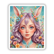 Cartoon illustration titled A Cute Easter Bunny Girl featuring a girl with bunny ears adorned with flowers in her hair, available as vinyl stickers or digital artwork at Decal Venue.