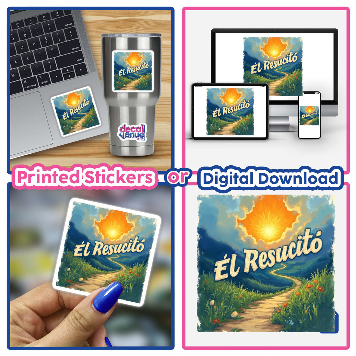 Collage featuring Él Resucitó Mateo 28:6 Sticker or Clipart, showcasing a Fauvist Resurrection design, available as stickers or digital artwork, emphasizing unique and creative decal options.