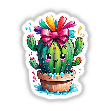 Happy Cactus: Cartoon cactus with a pink bow, available as stickers or digital artwork from Decal Venue.