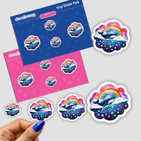 Dreamy Whale sticker: A whimsical cartoon whale sleeping on a cloud with stars and a rainbow overhead. Available as stickers or digital artwork from Decal Venue.